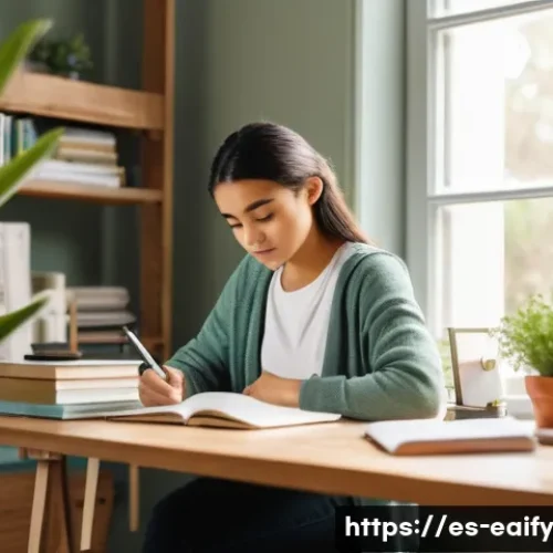 Home 32 자기 교정 학습 프로세스의 심리적 요인 - A focused young adult woman sitting at a tidy desk in a cozy, well-lit study room, surrounded by org...