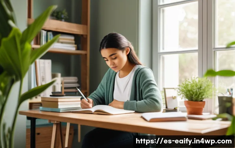 자기 교정 학습 프로세스의 심리적 요인 - A focused young adult woman sitting at a tidy desk in a cozy, well-lit study room, surrounded by org...