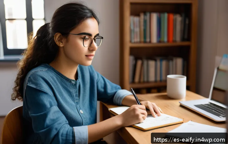 자기 교정 학습 프로세스의 시행과 개선 - A focused young adult studying at a modern desk in a cozy home office, surrounded by books, a laptop...